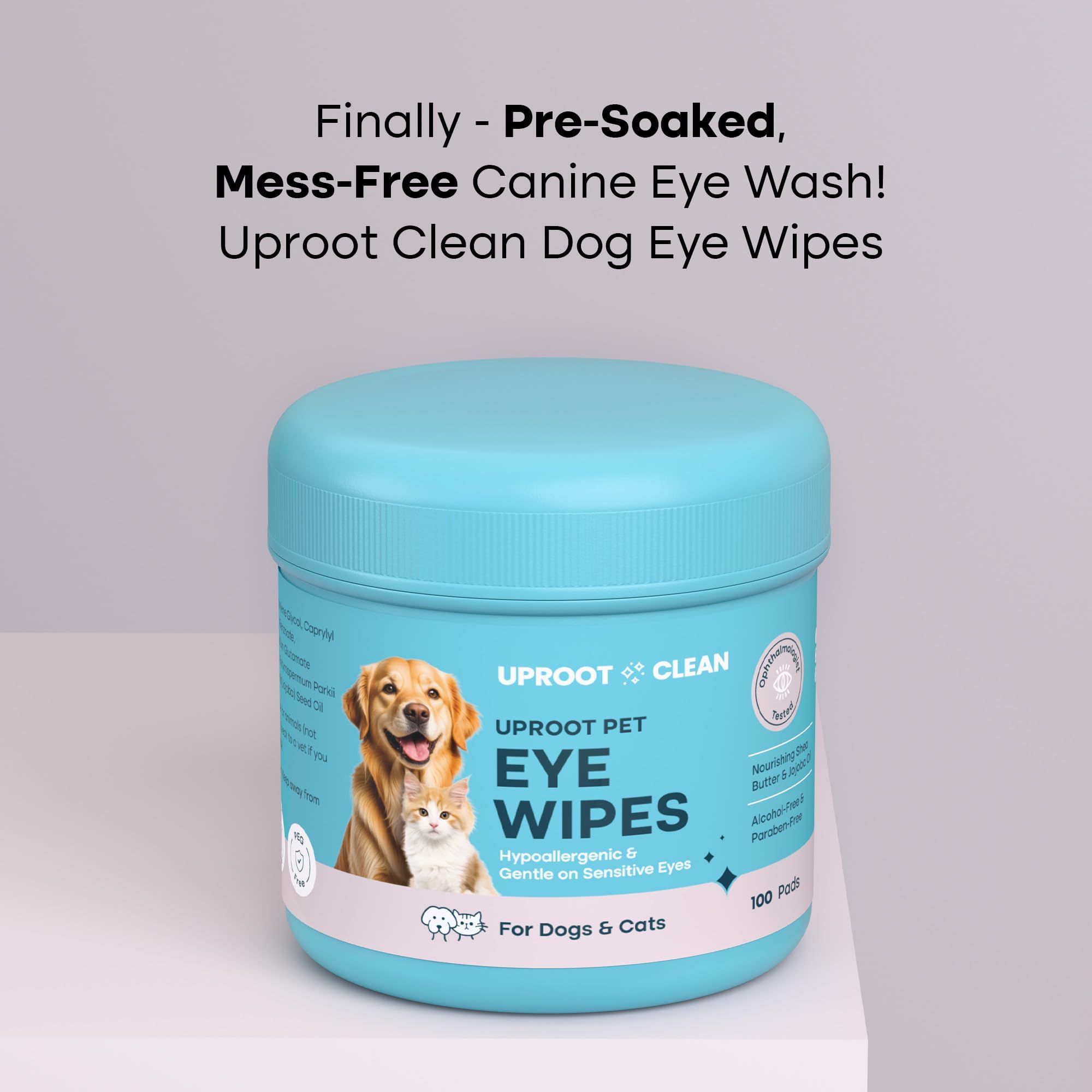 Uproot Clean dog eye wipes close-up showing gentle hypoallergenic formula for sensitive eyes