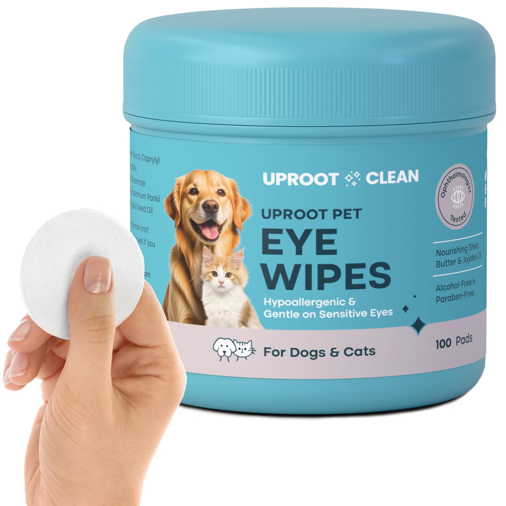 Uproot Clean eye wipes packaging for easy pet eye care and 100-count convenience