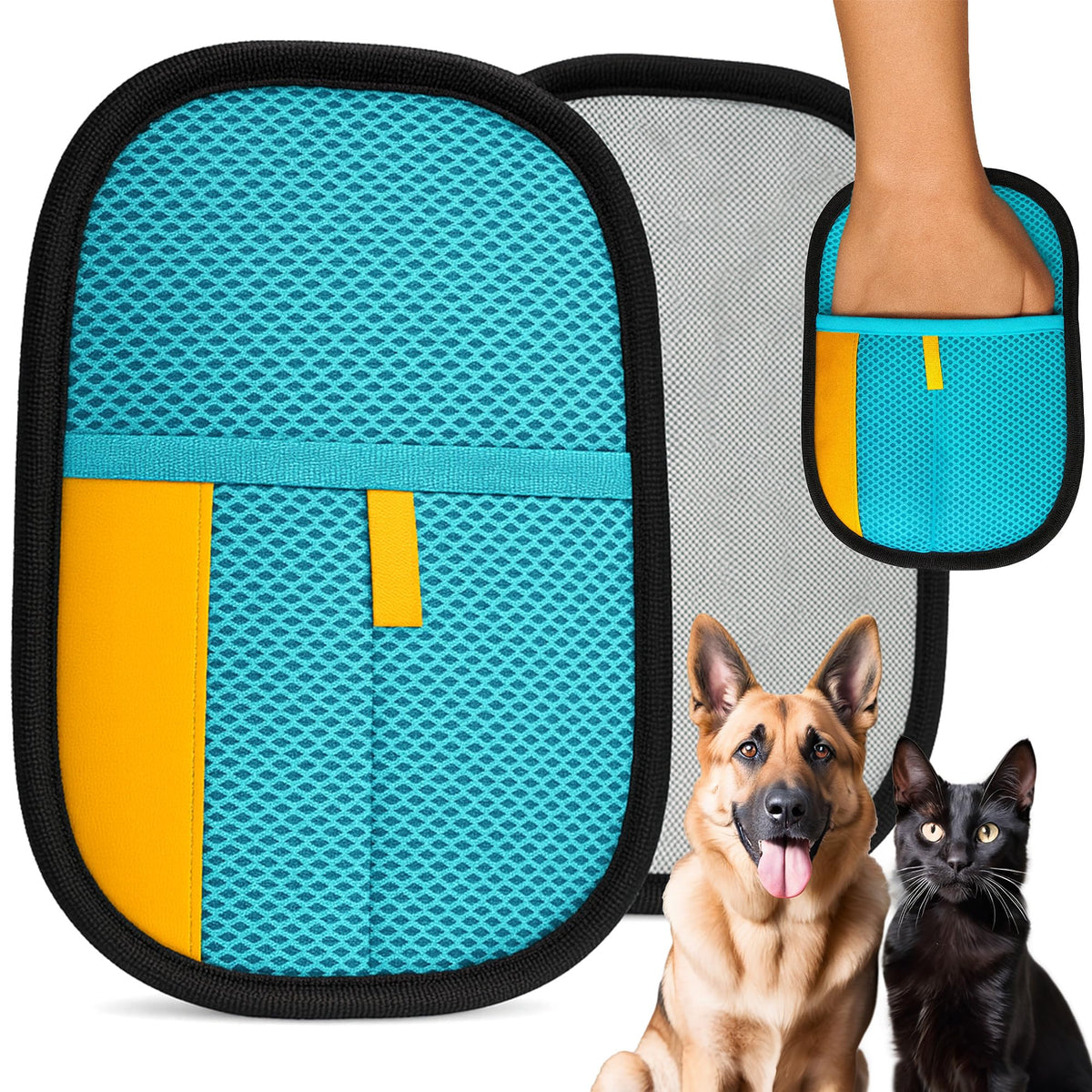 Uproot Clean pet hair glove in use removes fur from sofa fabric.