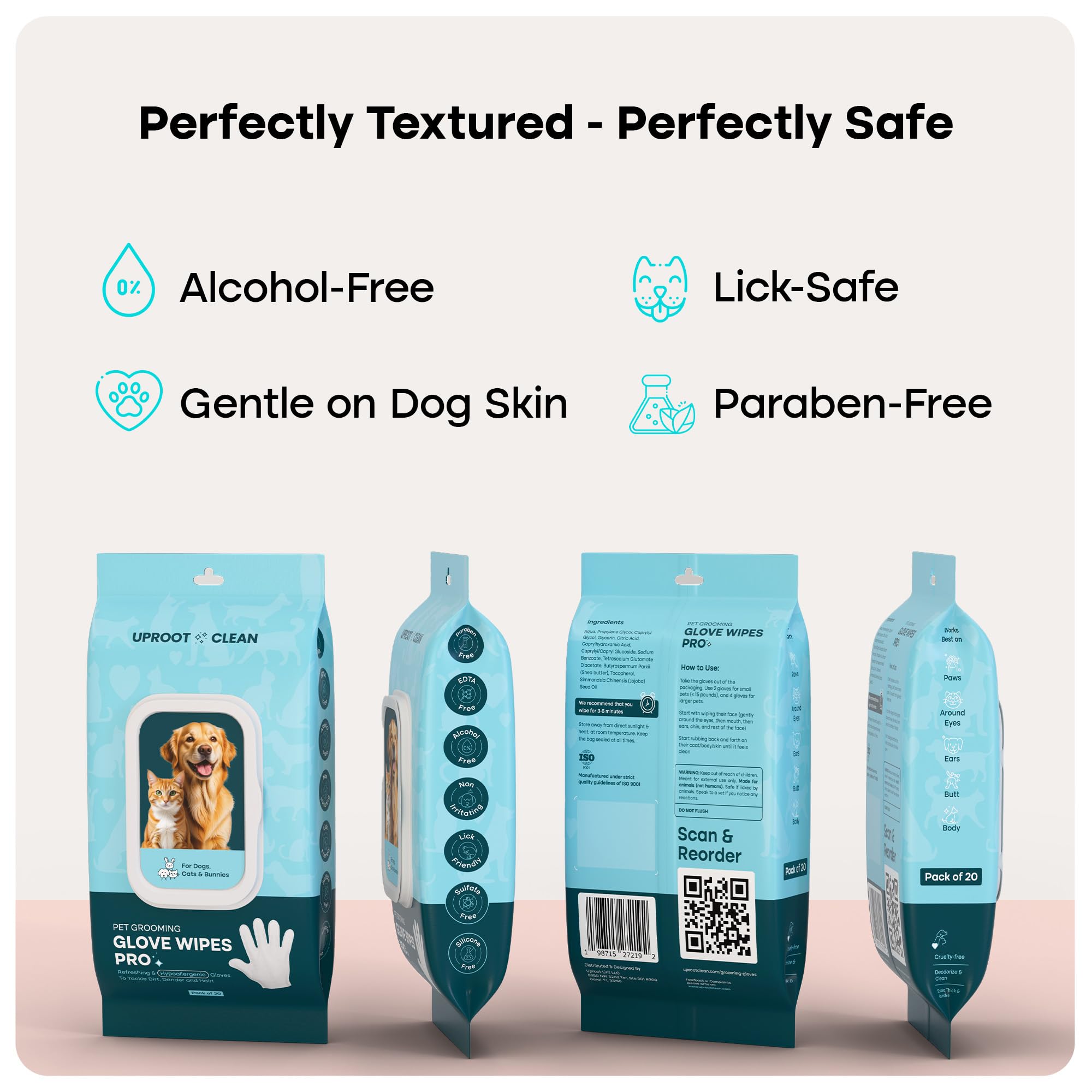 Uproot Clean QuickClean Gloves Pro body grooming scene for deodorizing and fresh coat.