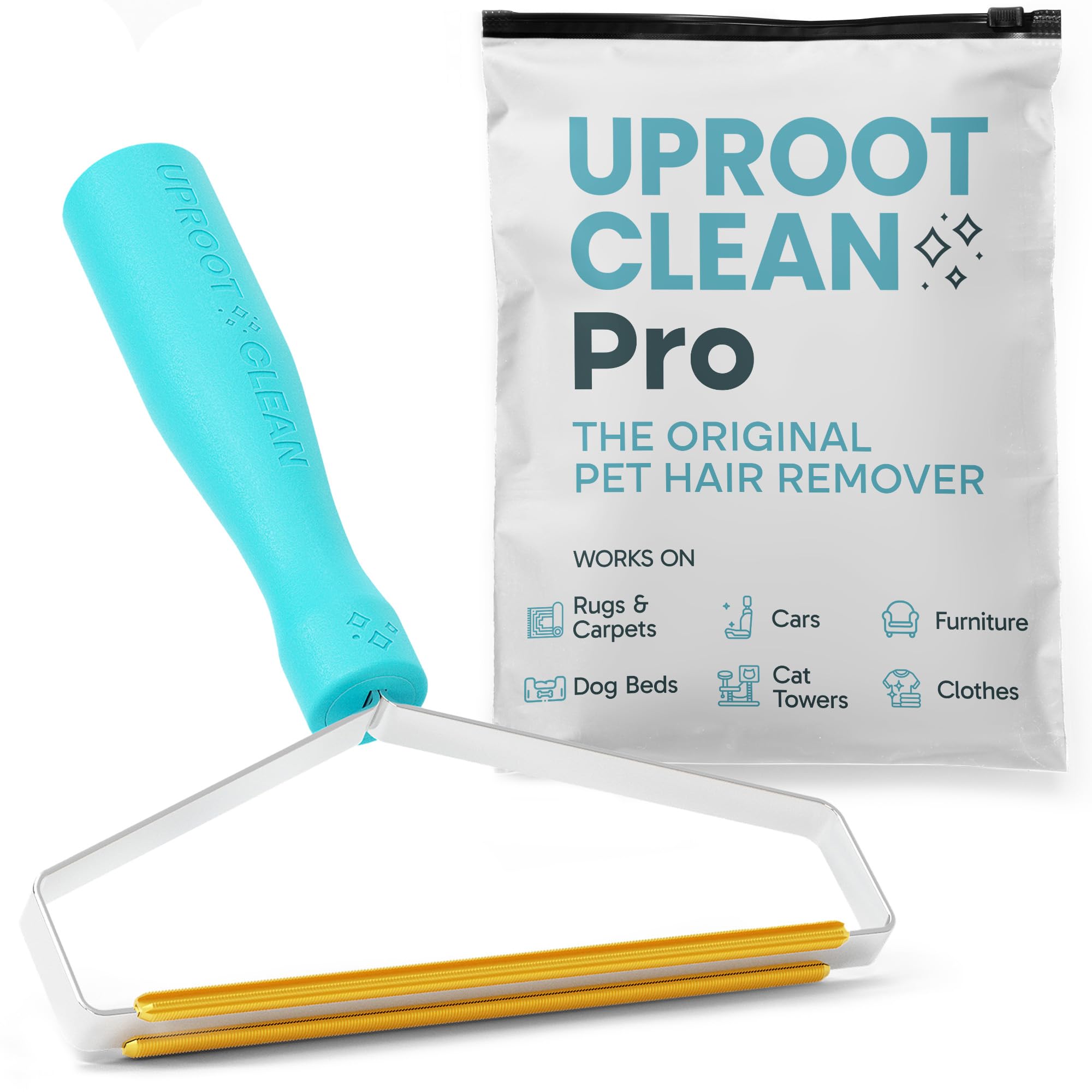Uproot Cleaner Pro on couch removing embedded hair for spotless seating.