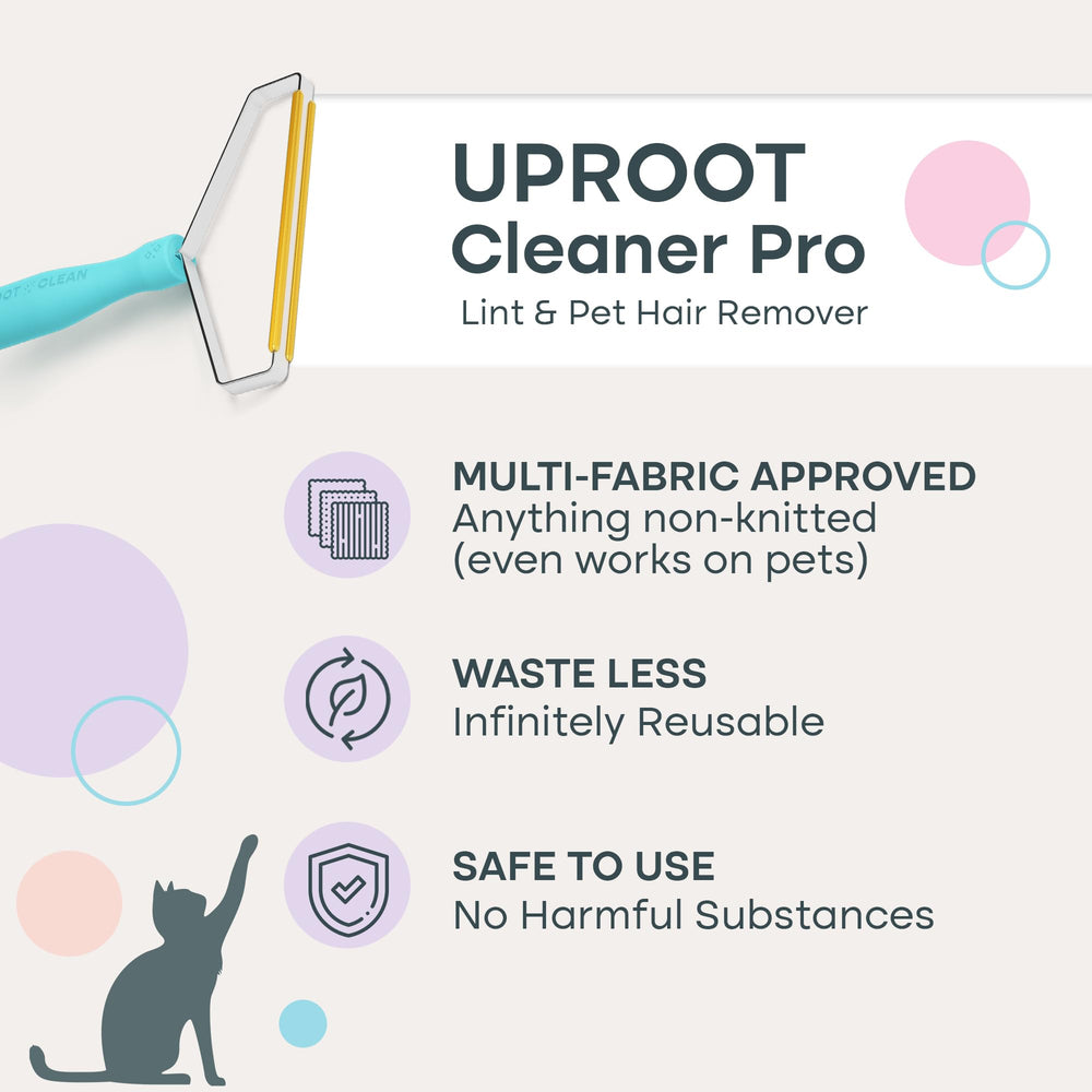 Uproot Cleaner Pro used on multi-fabric surfaces for quick pet-hair removal.