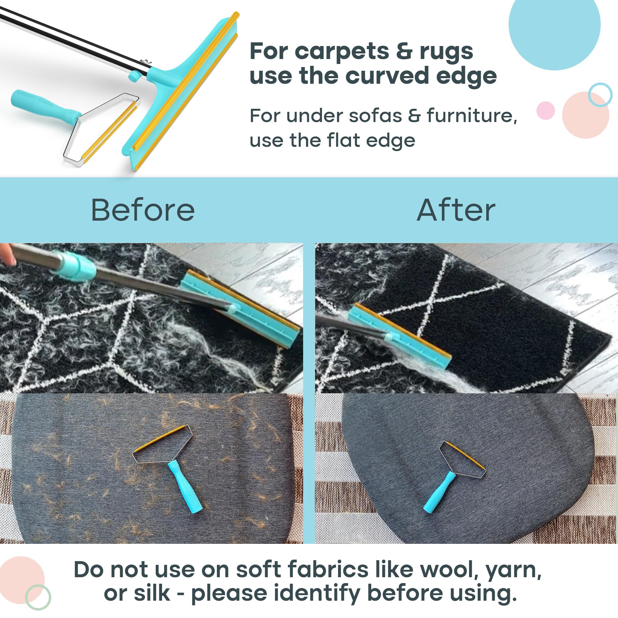 Uproot Cleaner Pro in-use on car seat shows quick hair removal between trips.