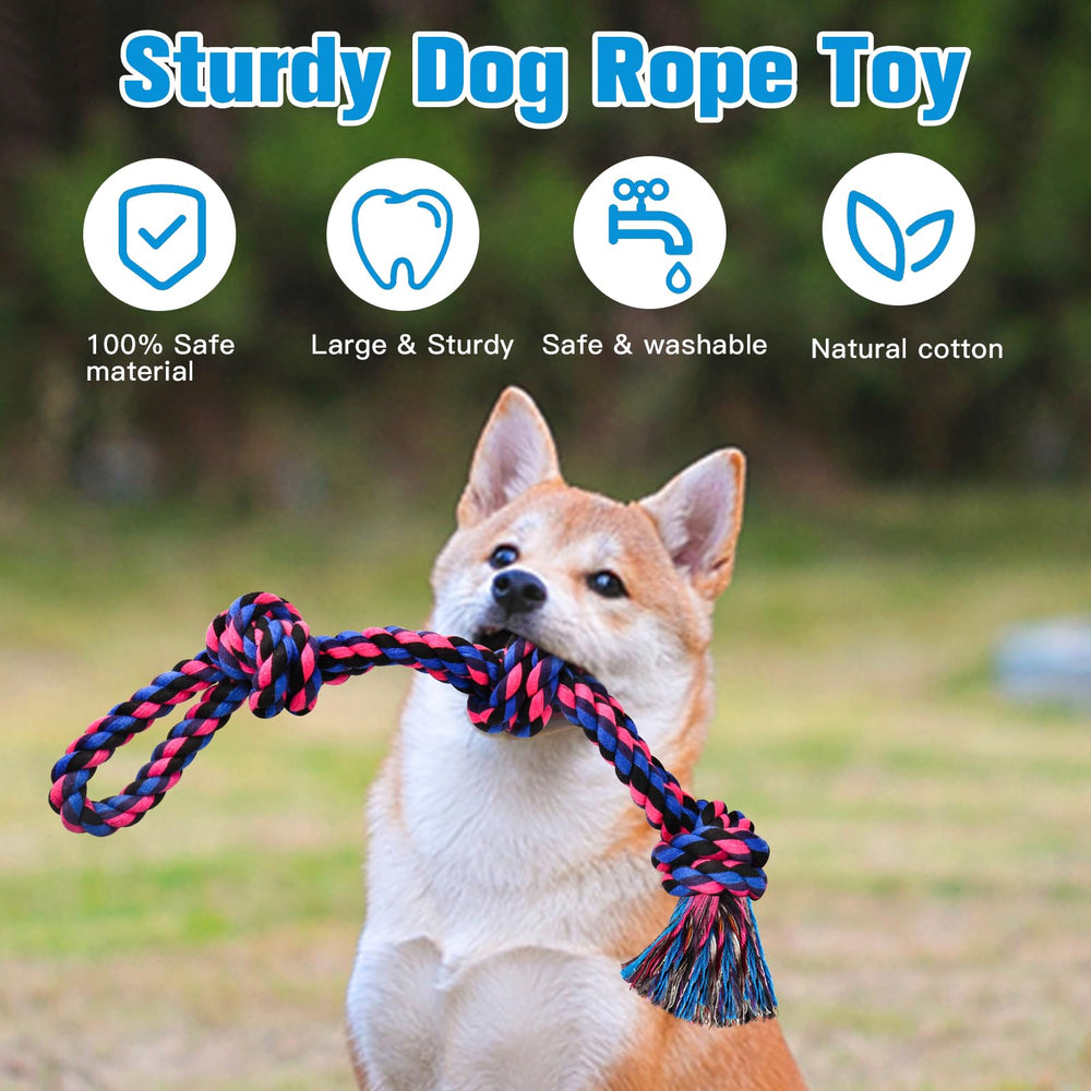 Upsky dental cleaning rope toy demonstrates natural cotton flossing between teeth.