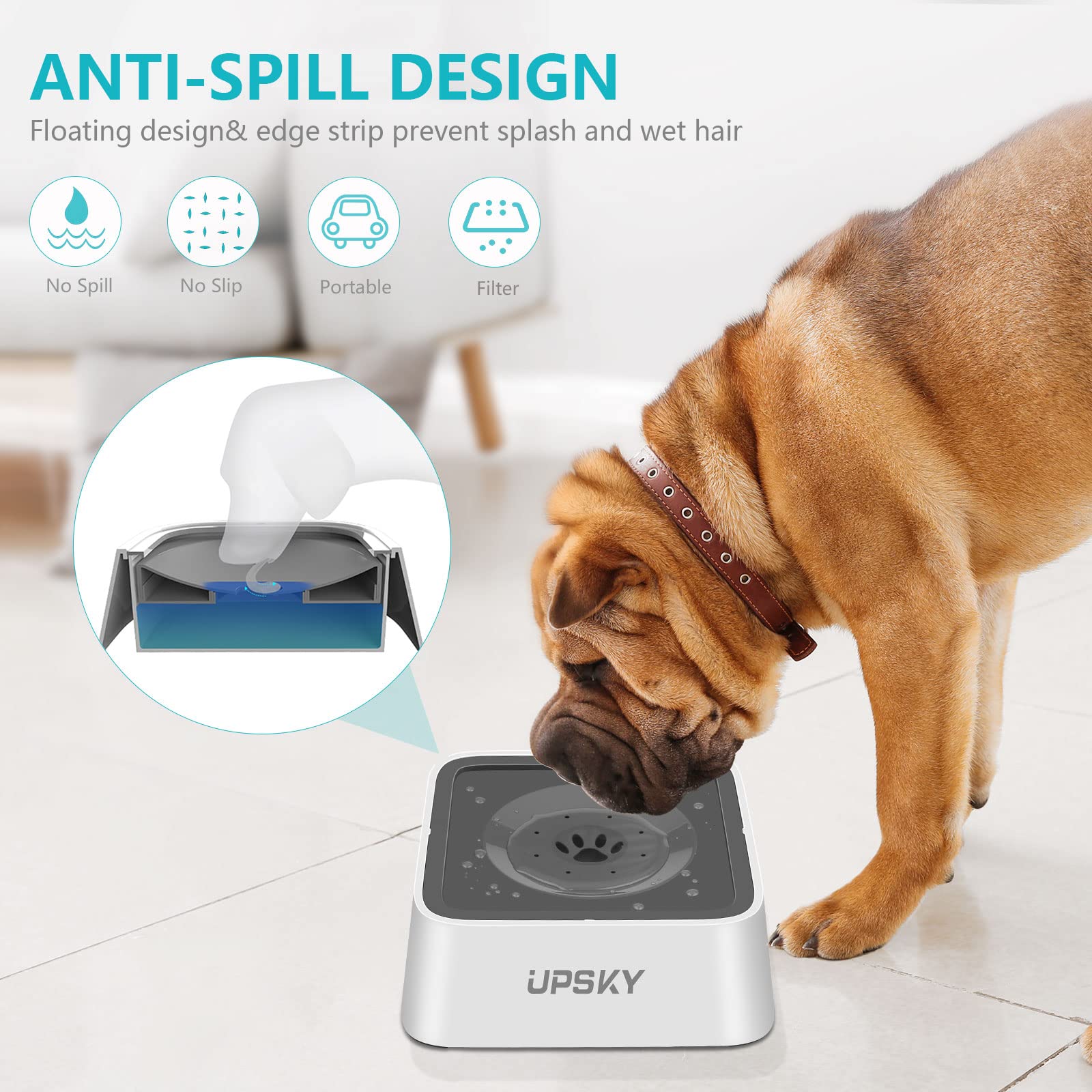 UPSKY slow water feeder gently regulates drinking to minimize mess and wet hair.
