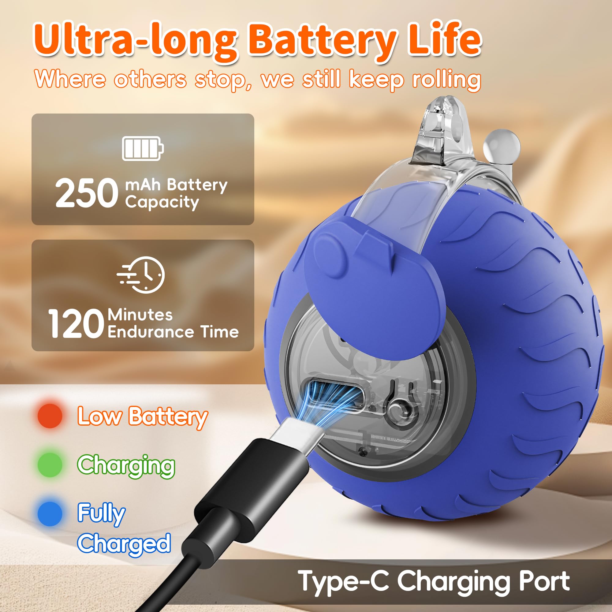 UPSKY cat ball close-up of USB-C port for quick recharge