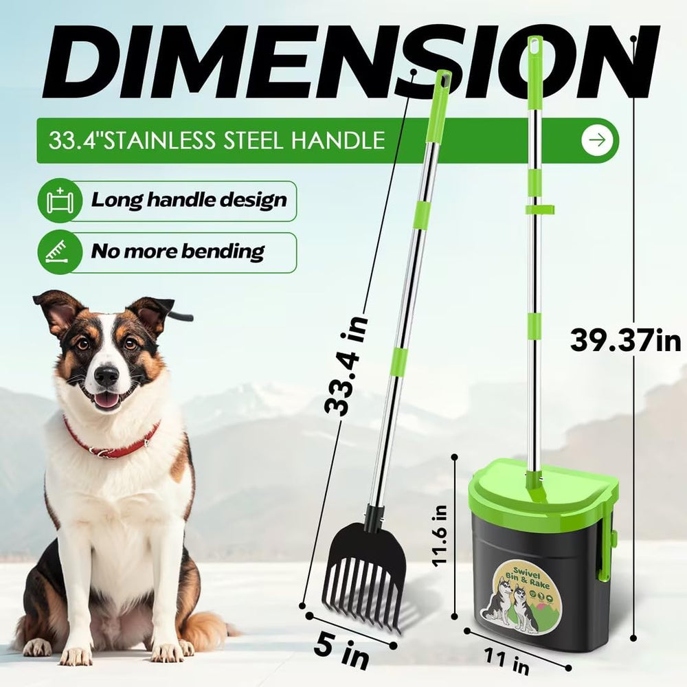 UpSky dog pooper scooper metal rake highlights sturdy cleanup on dirt and gravel.