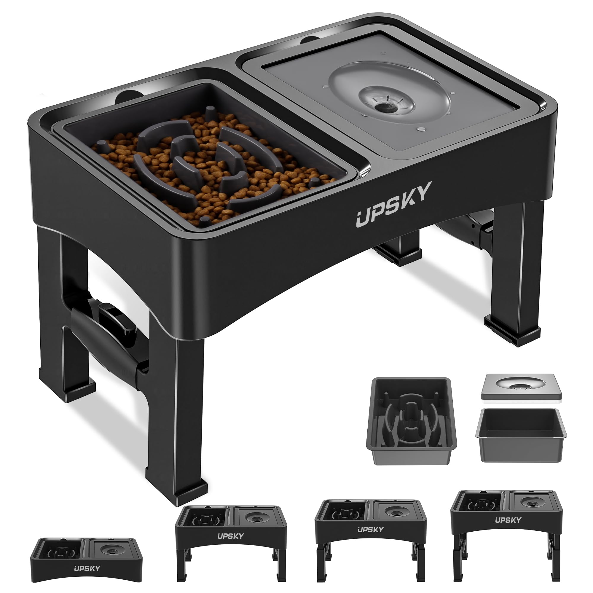 UPSKY elevated dog bowl stand shows adjustable height for growing dogs and neck comfort.