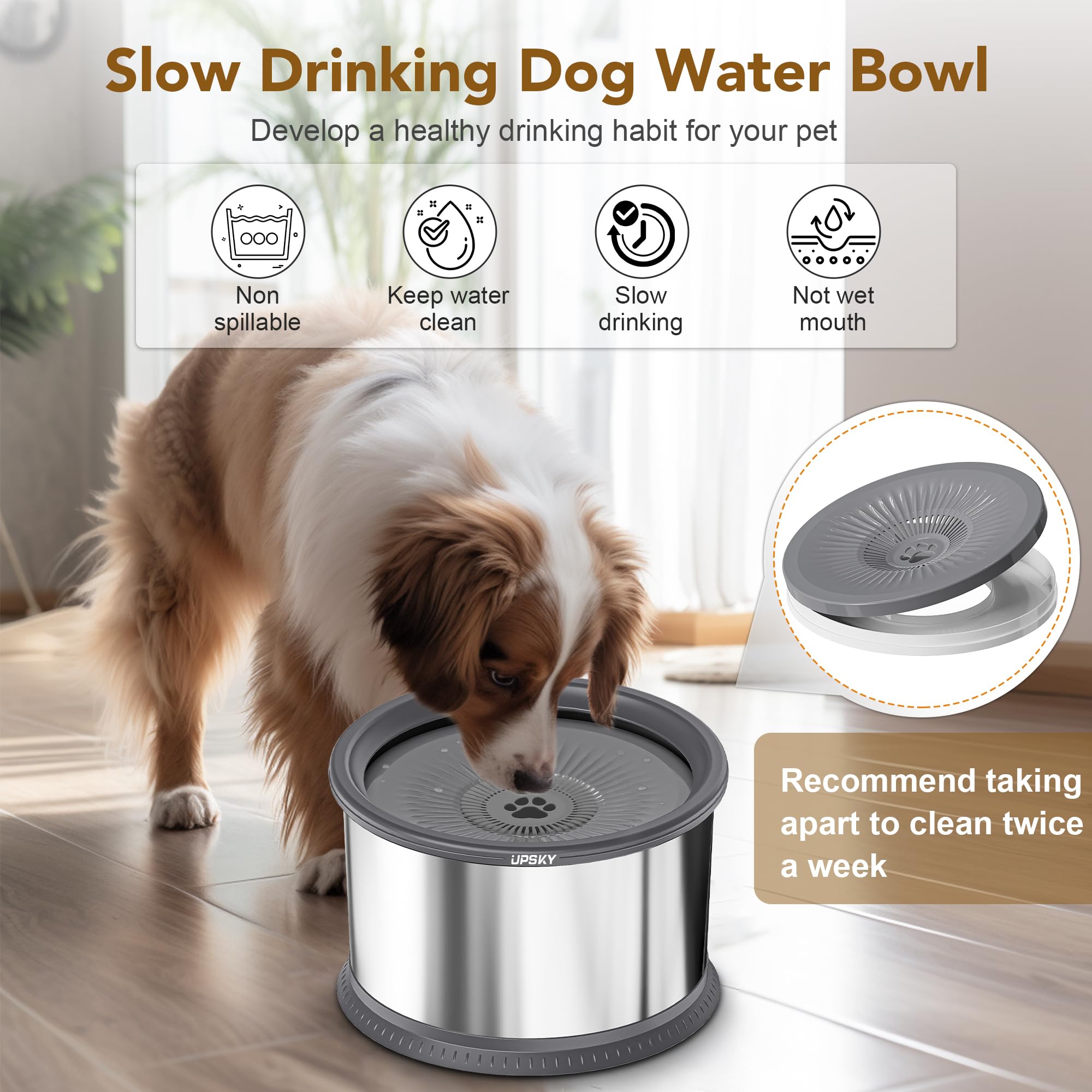 Upsky heavy-duty stainless-steel bowl offers durability for enthusiastic drinkers.
