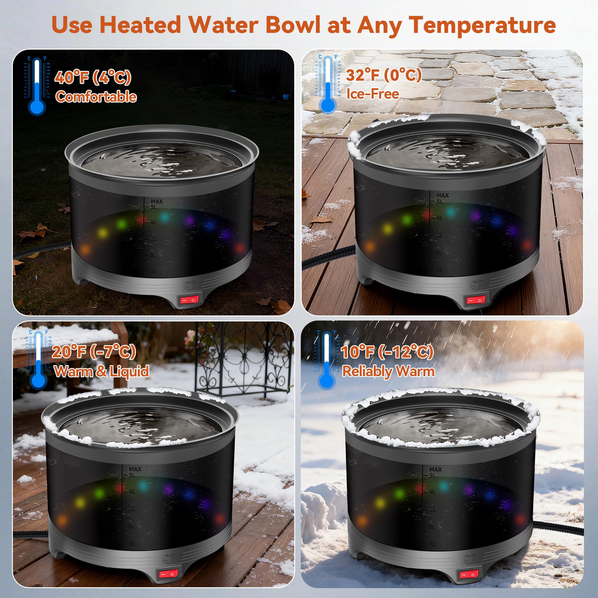 UPSKYPET heated water bowl anti-chew cord ensures durable outdoor setup.
