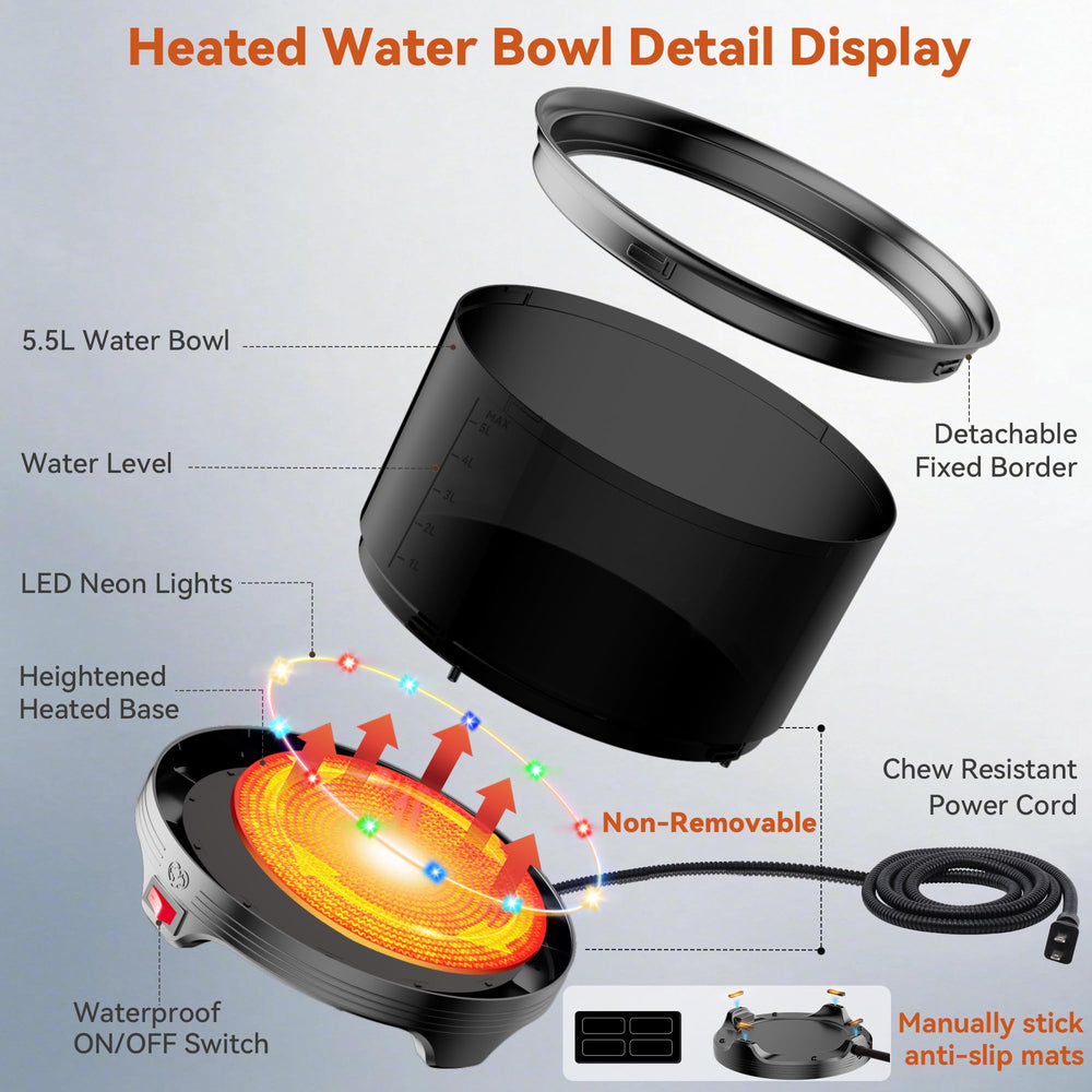 UPSKYPET heated water bowl 5.5L capacity reduces refills for multi-pet homes.