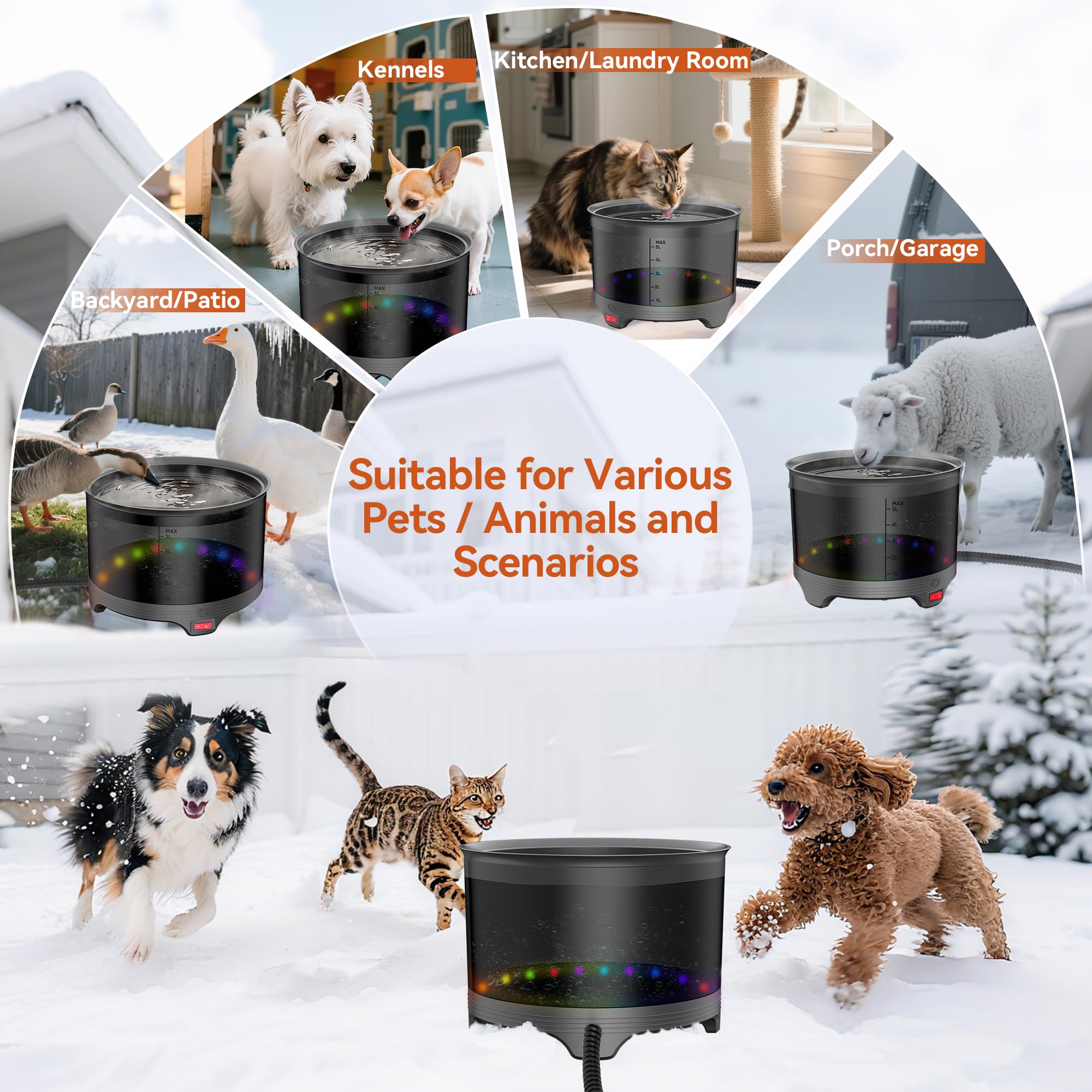 UPSKYPET heated water bowl multi-pet use suits dogs, cats, chickens and more.
