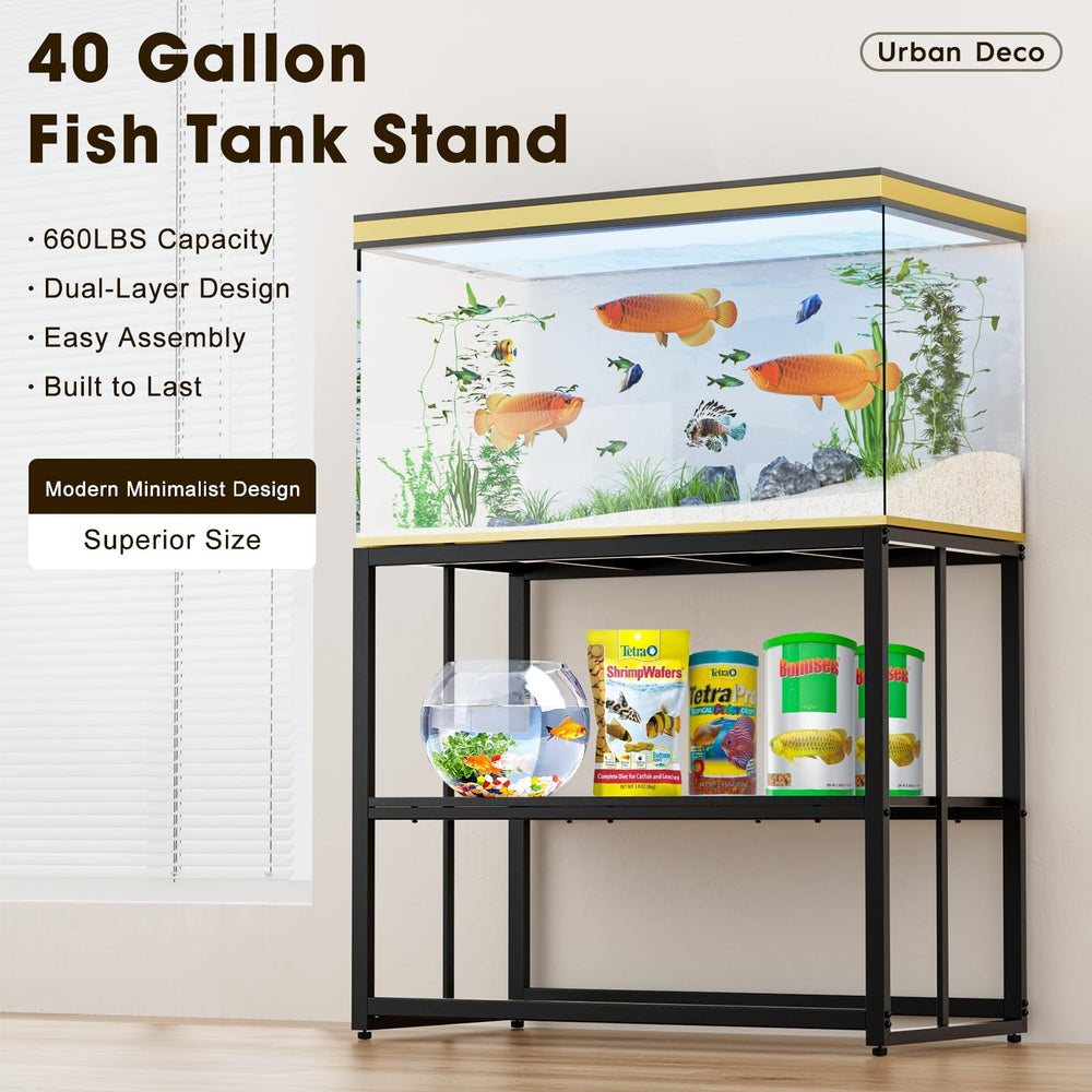 Urban Deco fish tank stand side view highlights dual-layer design for extra storage.