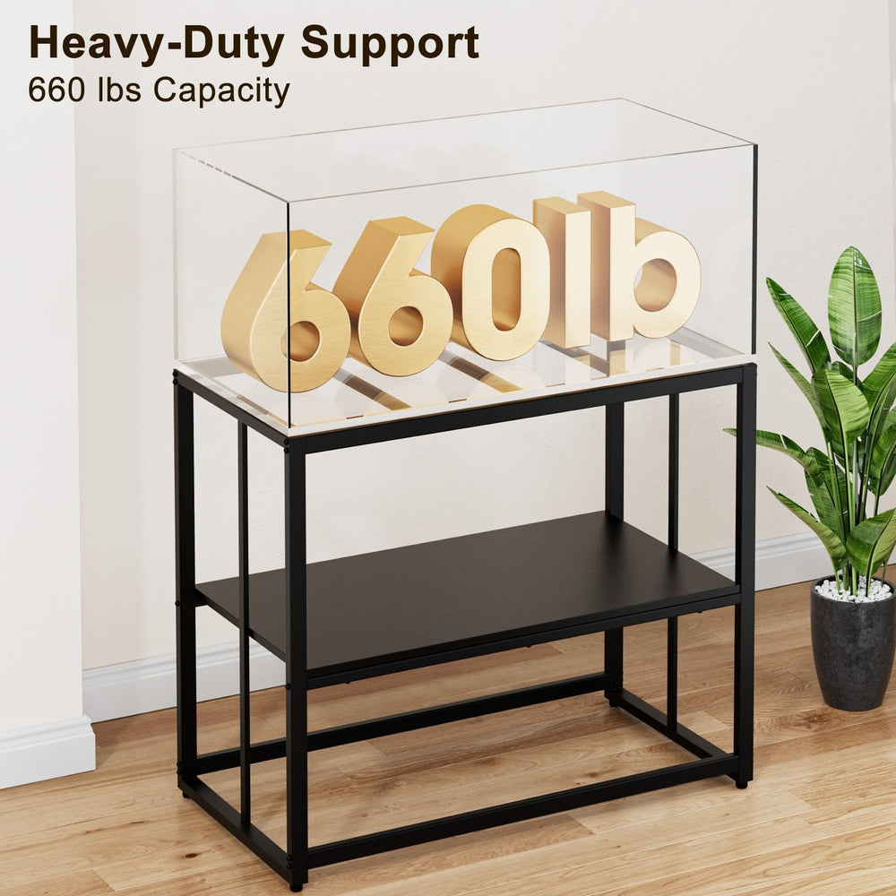 Urban Deco fish tank stand upper lower shelves demonstrates efficient space use.