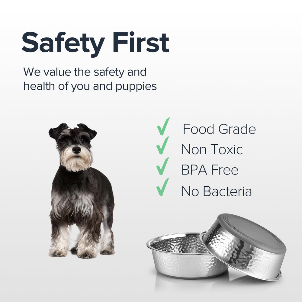 URBUDDIES hammered stainless steel close-up bowls emphasize slip-resistant base for quiet, stable meals.