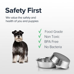 URBUDDIES hammered stainless steel close-up bowls emphasize slip-resistant base for quiet, stable meals.