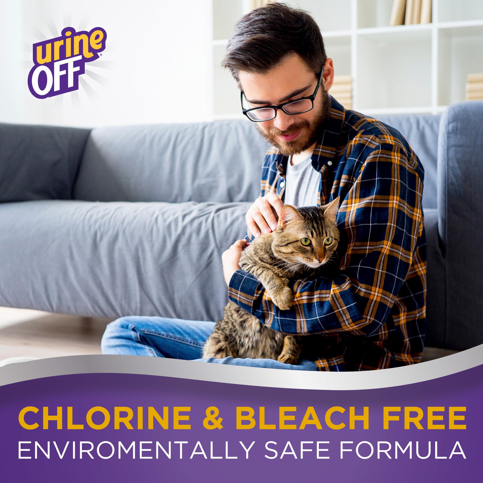 Urine Off pet-safe cleaner in use on living room carpet