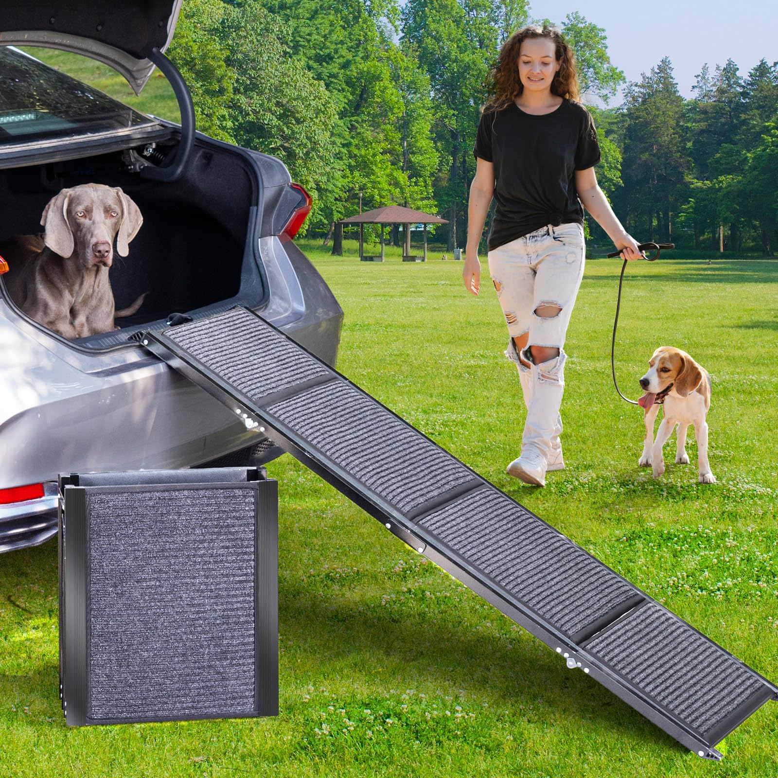 Uross Dog Ramp 63-inch length extended helps large dogs enter cars smoothly.