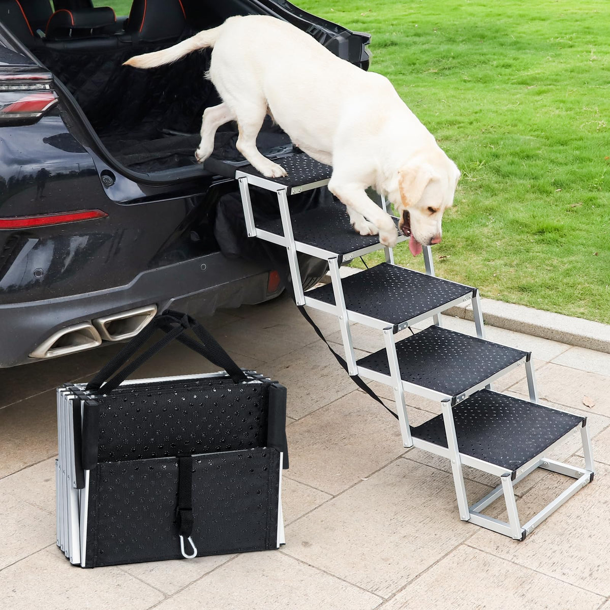 Uross Dog Stairs for Car 5 Steps extended, aiding easy vehicle access.
