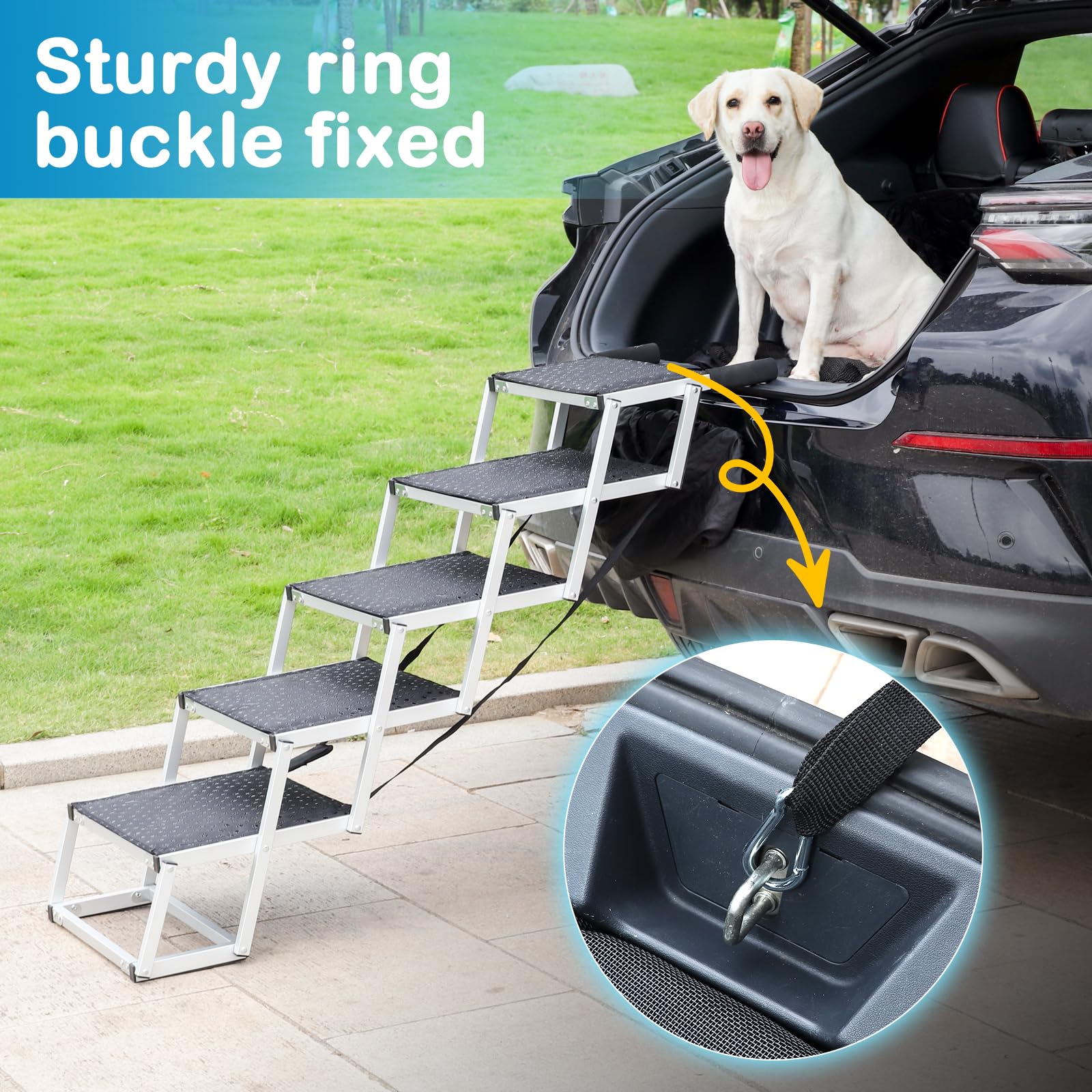 Uross Dog Stairs in use with a large dog entering an SUV.