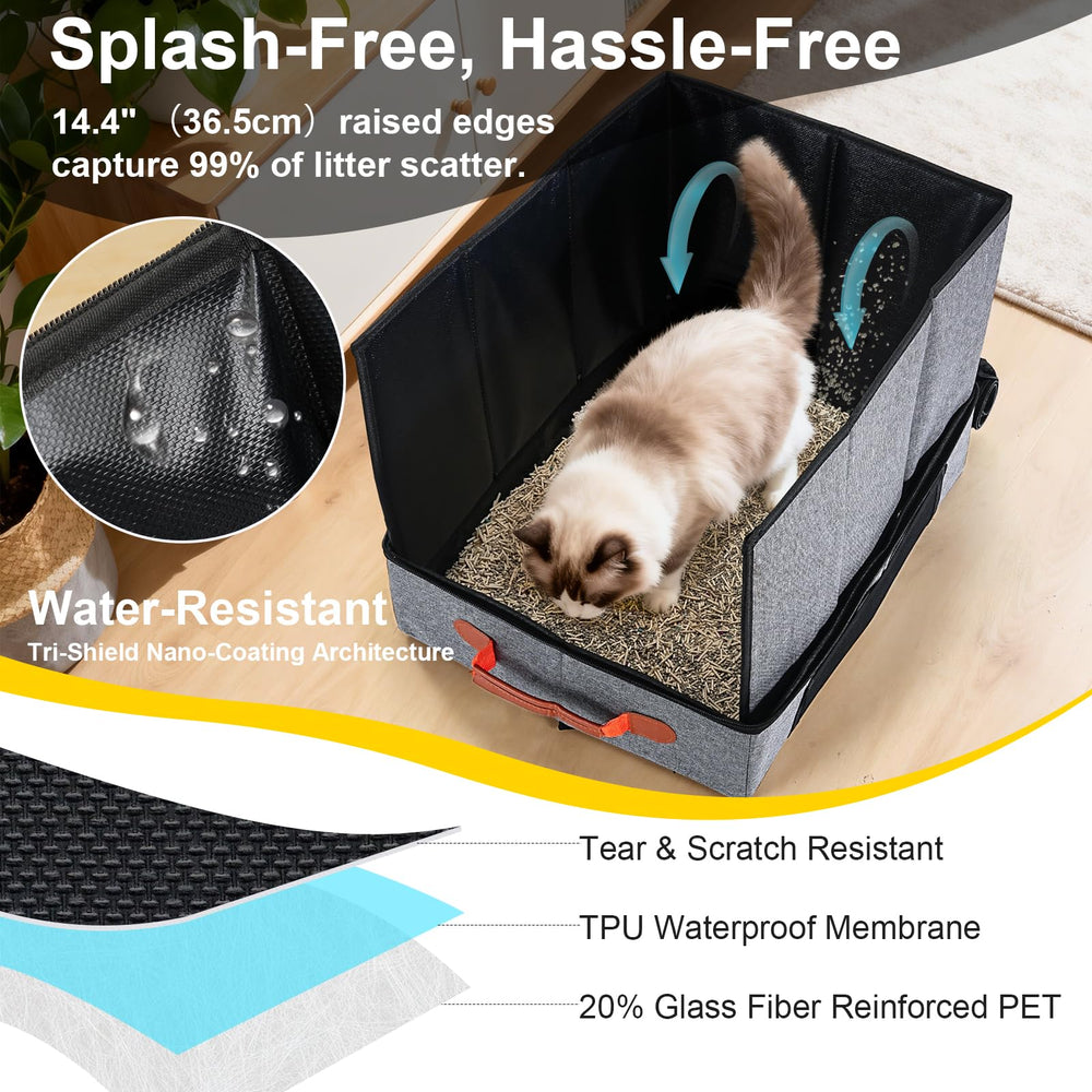 Uross Travel Litter Box with lid demonstrates secure litter containment.