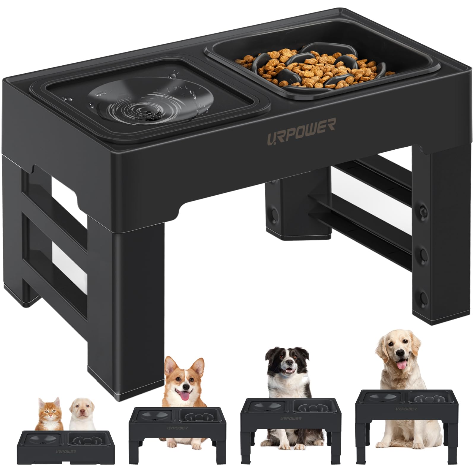 URPOWER 2-in-1 elevated feeder bowls assembly shows adjustable height for growth