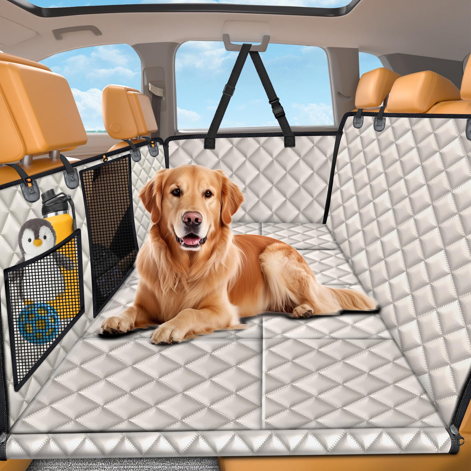 URPOWER backseat extender with hard-bottom dog bed for secure car rides