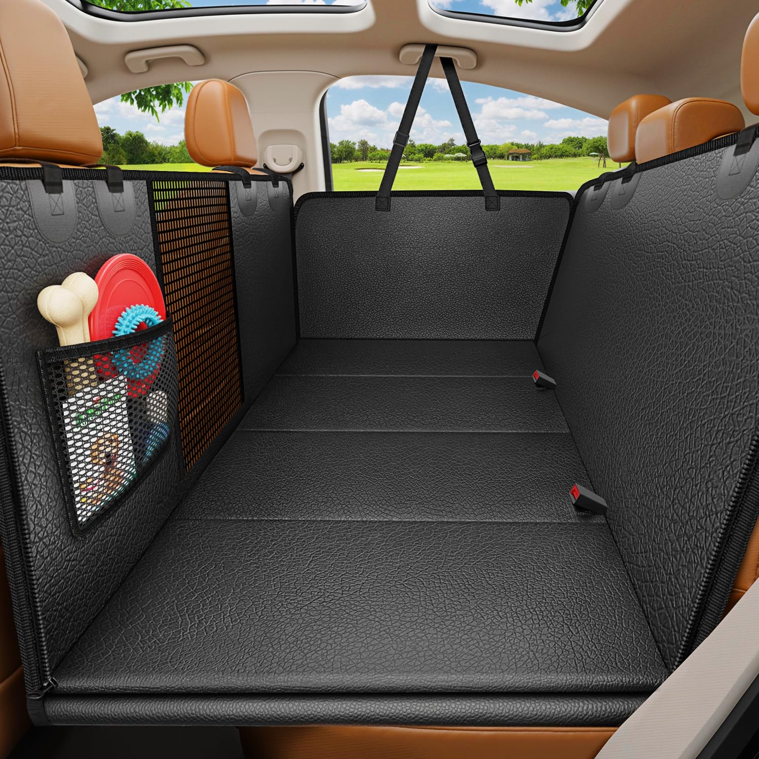 URPOWER backseat extender shows a hard bottom for a secure dog bed on trips