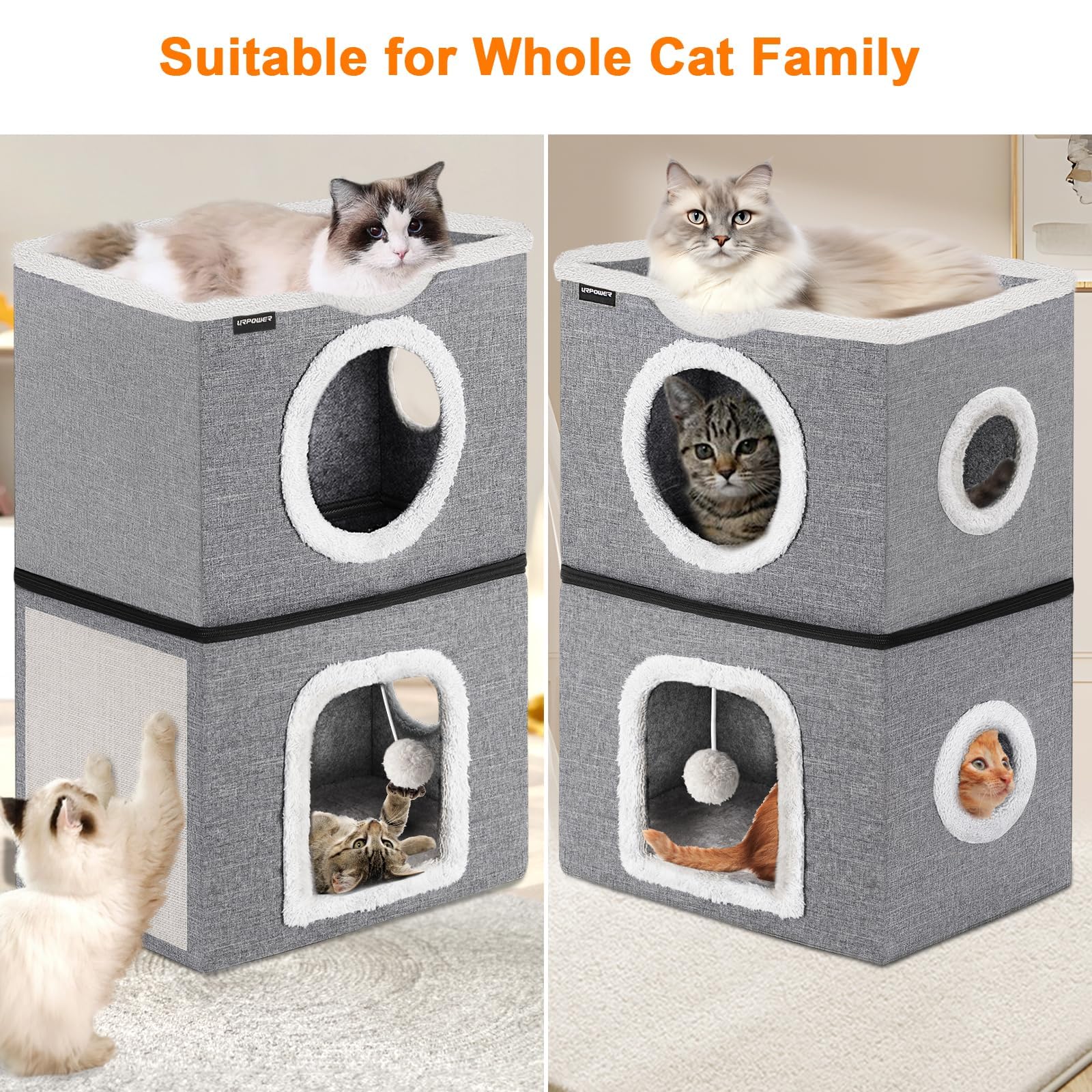 URPOWER cat cave split design with sunbathing and balcony for flexibility.