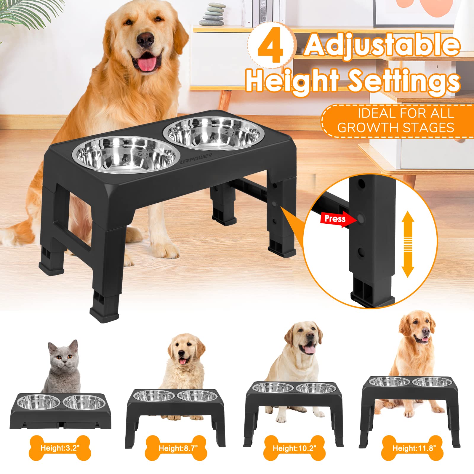 URPOWER elevated dog bowls height settings display four usable heights