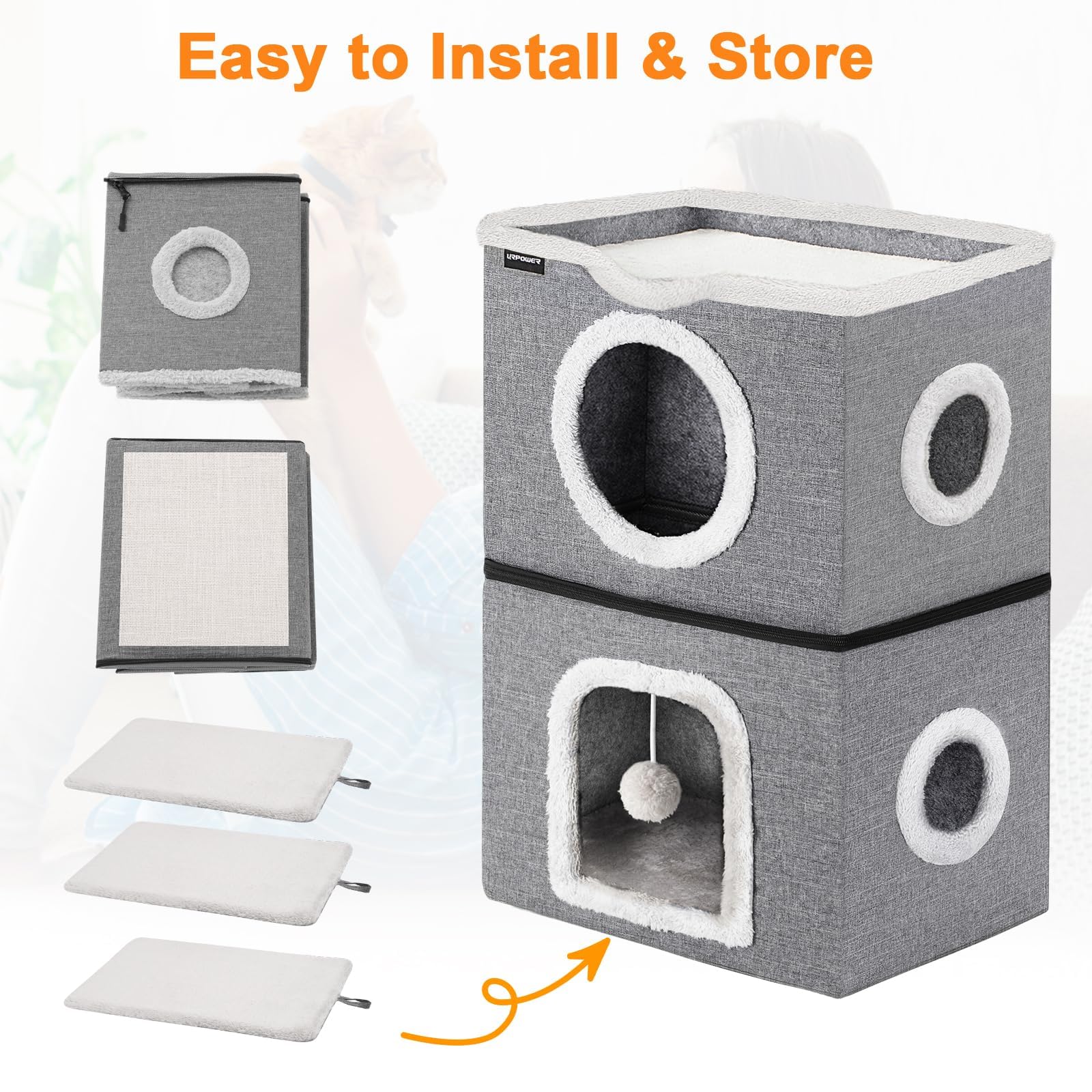 URPOWER spacious covered bed shows dimensions for multi-cat or kitten use.