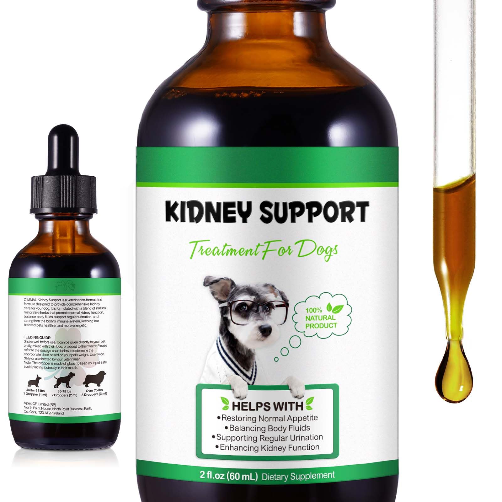 Uruses Pet Kidney Support bottle shows the liquid formula for kidney health.