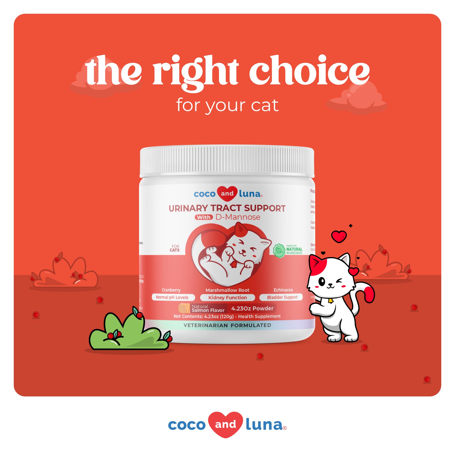 Coco and Luna cranberry for cats uses US-sourced ingredients with vitamin C.