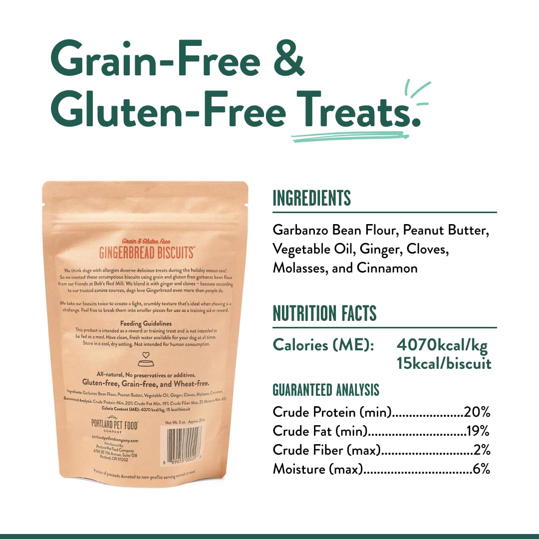 US-made gingerbread dog treats packaging highlights gluten-free, allergen-friendly nutrition