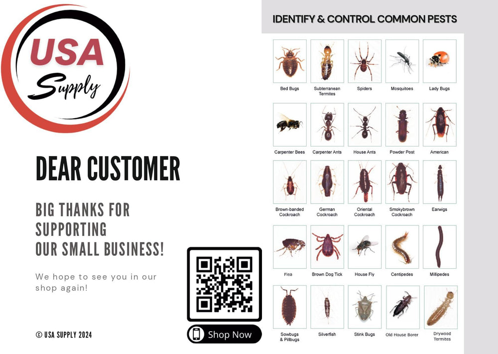 USA Supply pest identification card for quick pest recognition by pet owners.