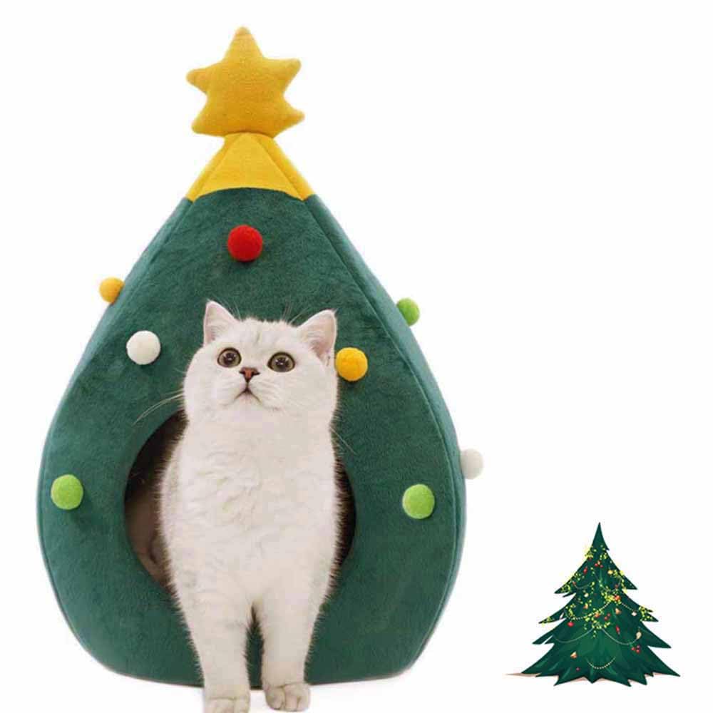 Ushang Pet Christmas Tree Cat Bed outer-shell plush offers cozy warmth and playful holiday style.