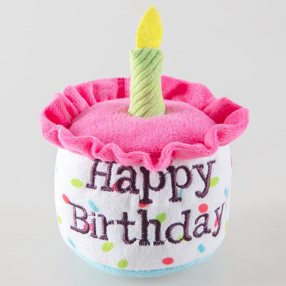Ushang Pet birthday cake toy closeup shows embroidered Happy Birthday detail