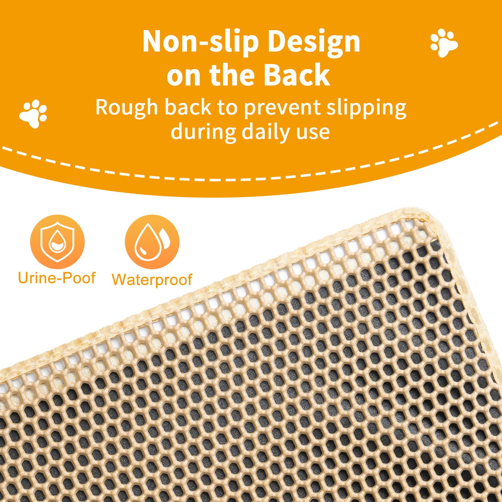 USHARP cat litter box mat anti-slip base keeps mat secure on floors.