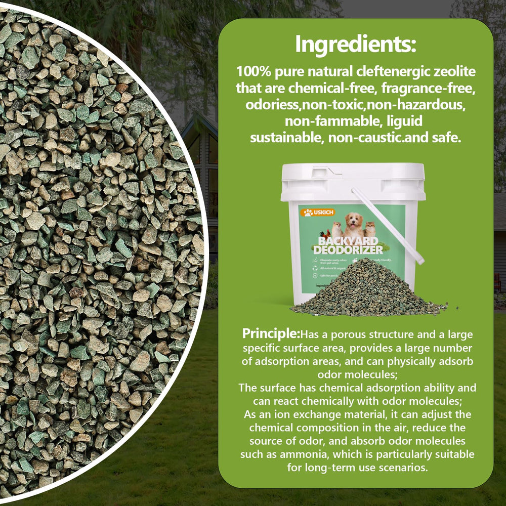 USKICH Backyard Deodorizer being scattered on ground for odor control.