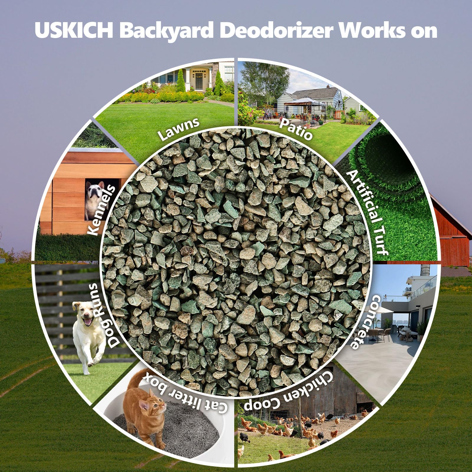 USKICH Yard Odor Eliminator granules absorb urine odors in lawns.
