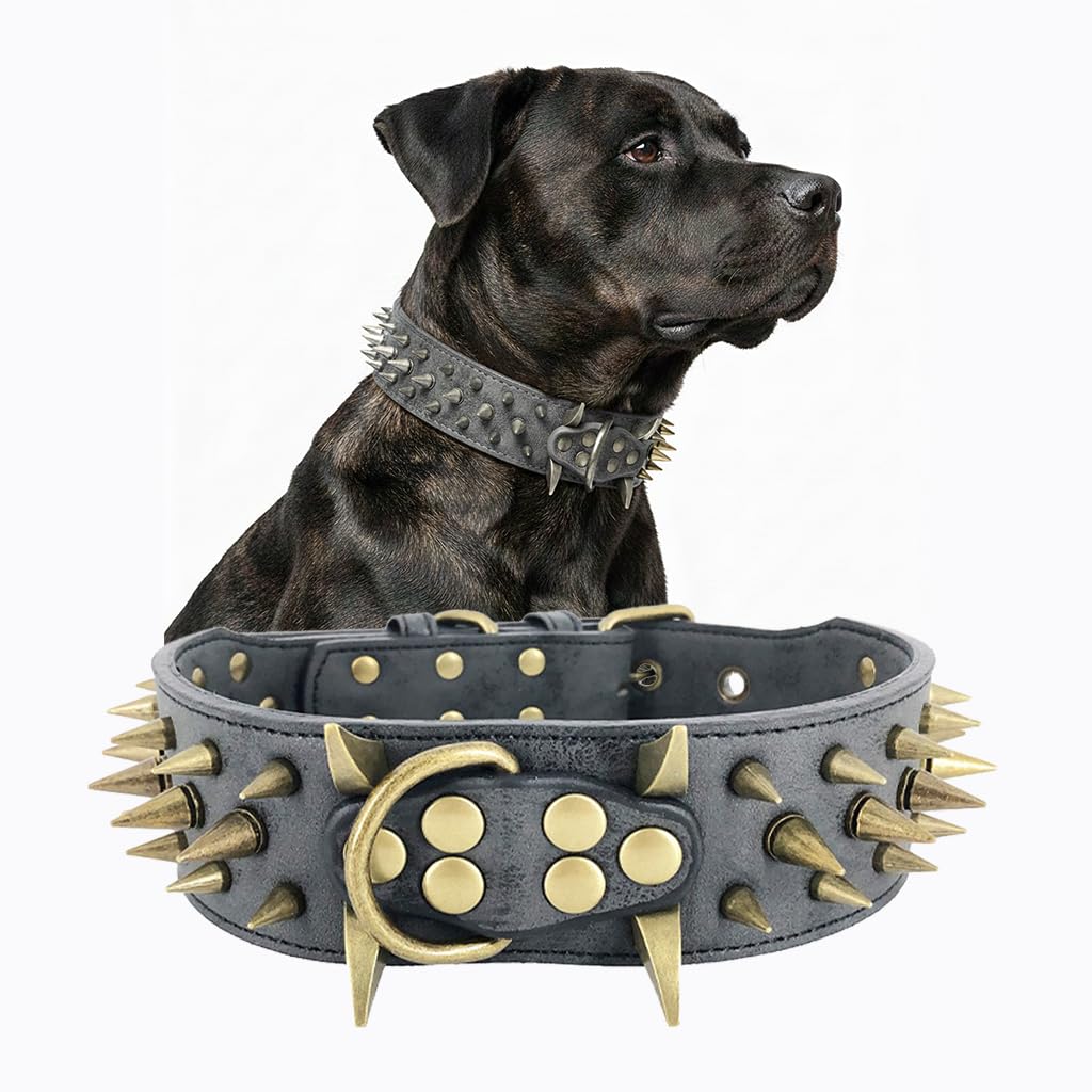 UVONOKAY The Mighty Large Spiked Collar front view showcases anti-bite defense and bold style.