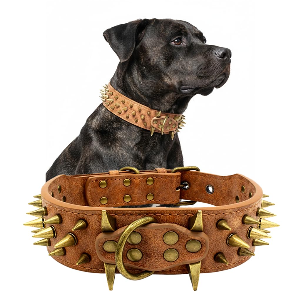 UVONOKAY Mighty Large Spiked Dog Collar brown L side view for durable outdoor protection