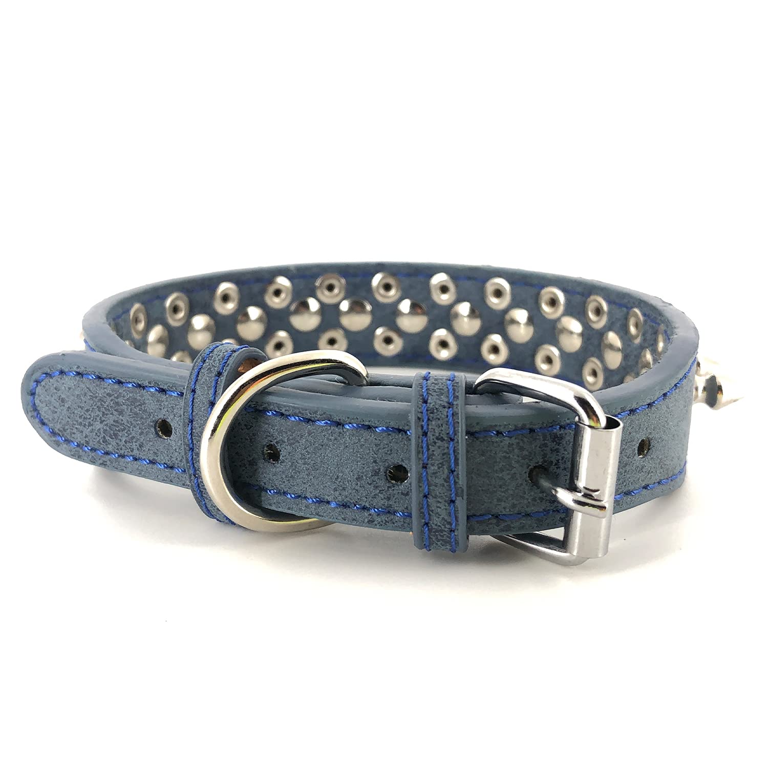UVONOKAY spiked collar blue side view showing chrome studs for rugged presence