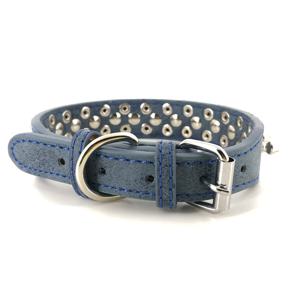 UVONOKAY spiked collar blue side view showing chrome studs for rugged presence