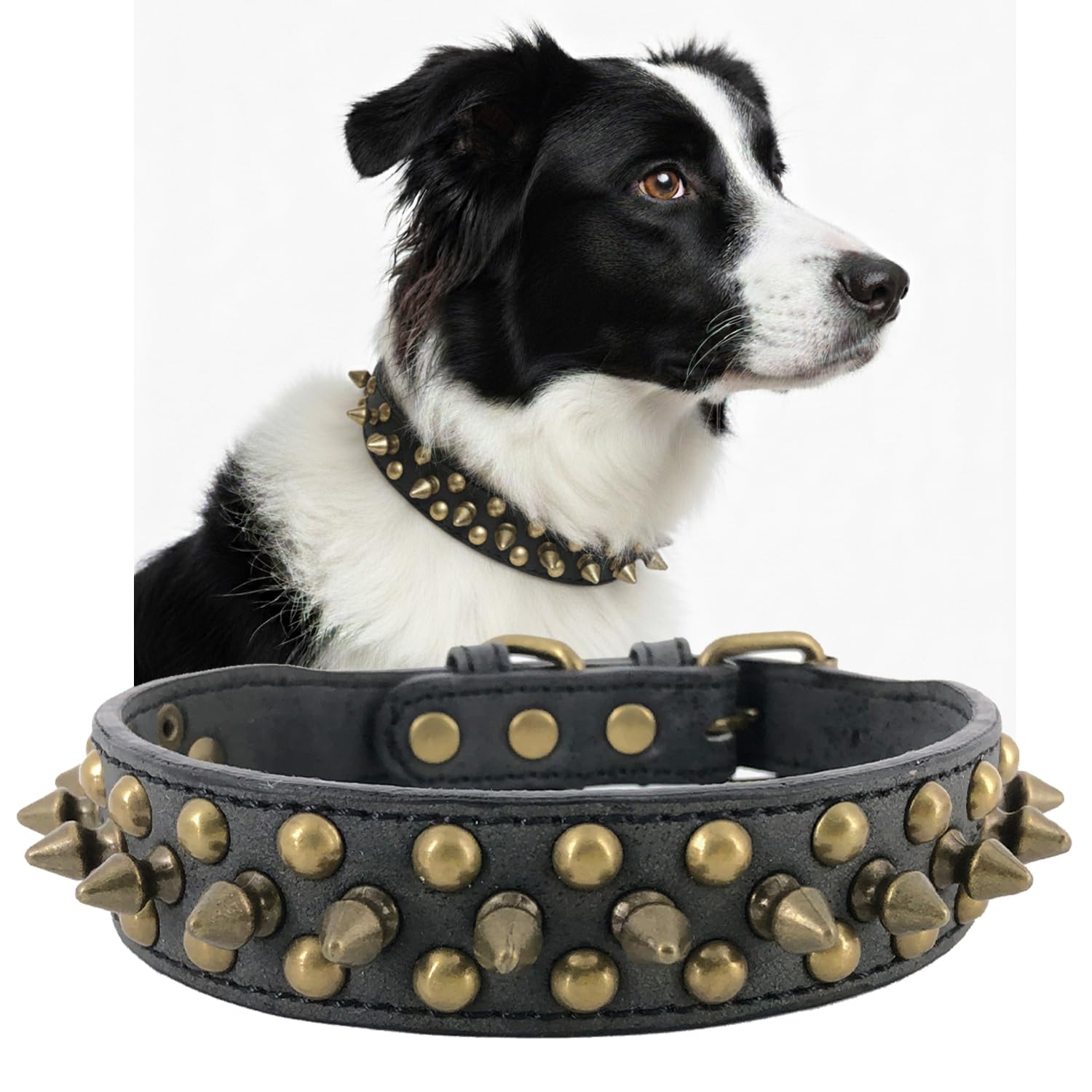 UVONOKAY spiked dog collar black side view, durable PU leather for daily outdoor wear.