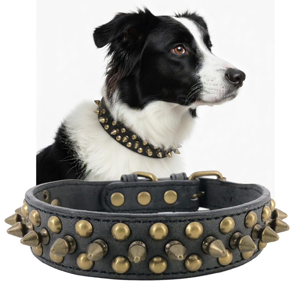 UVONOKAY spiked dog collar black side view, durable PU leather for daily outdoor wear.