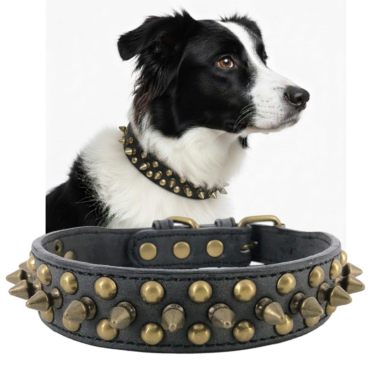 UVONOKAY spiked dog collar black side view, durable PU leather for daily outdoor wear.