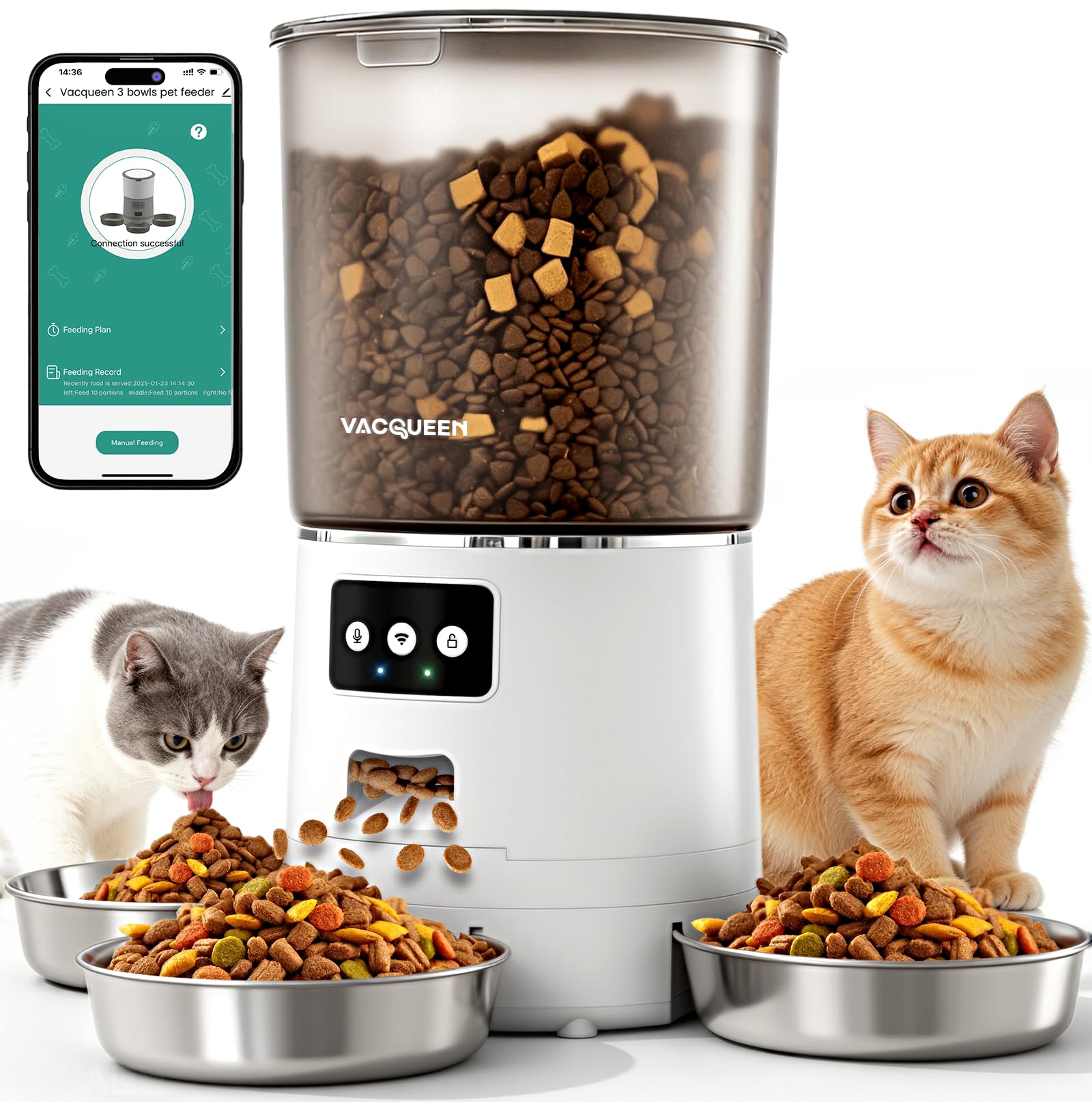 Vacqueen automatic feeder shows three-bowl setup for multi-pet households