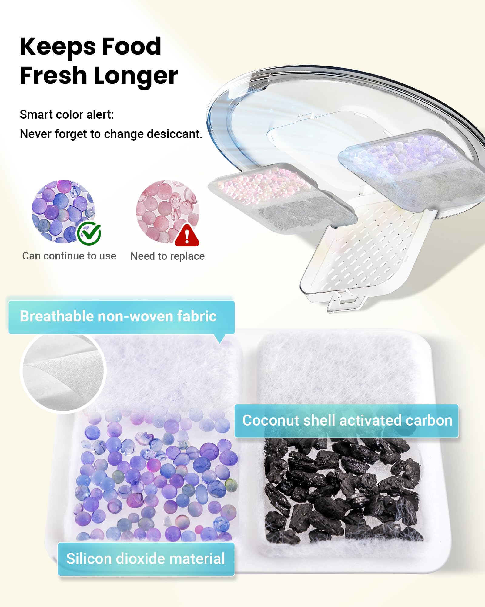 Vacqueen desiccant system keeps dry food fresh and crisp over time