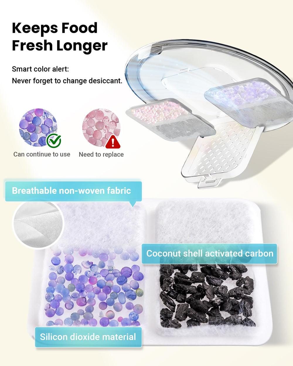 Vacqueen desiccant system keeps dry food fresh and crisp over time